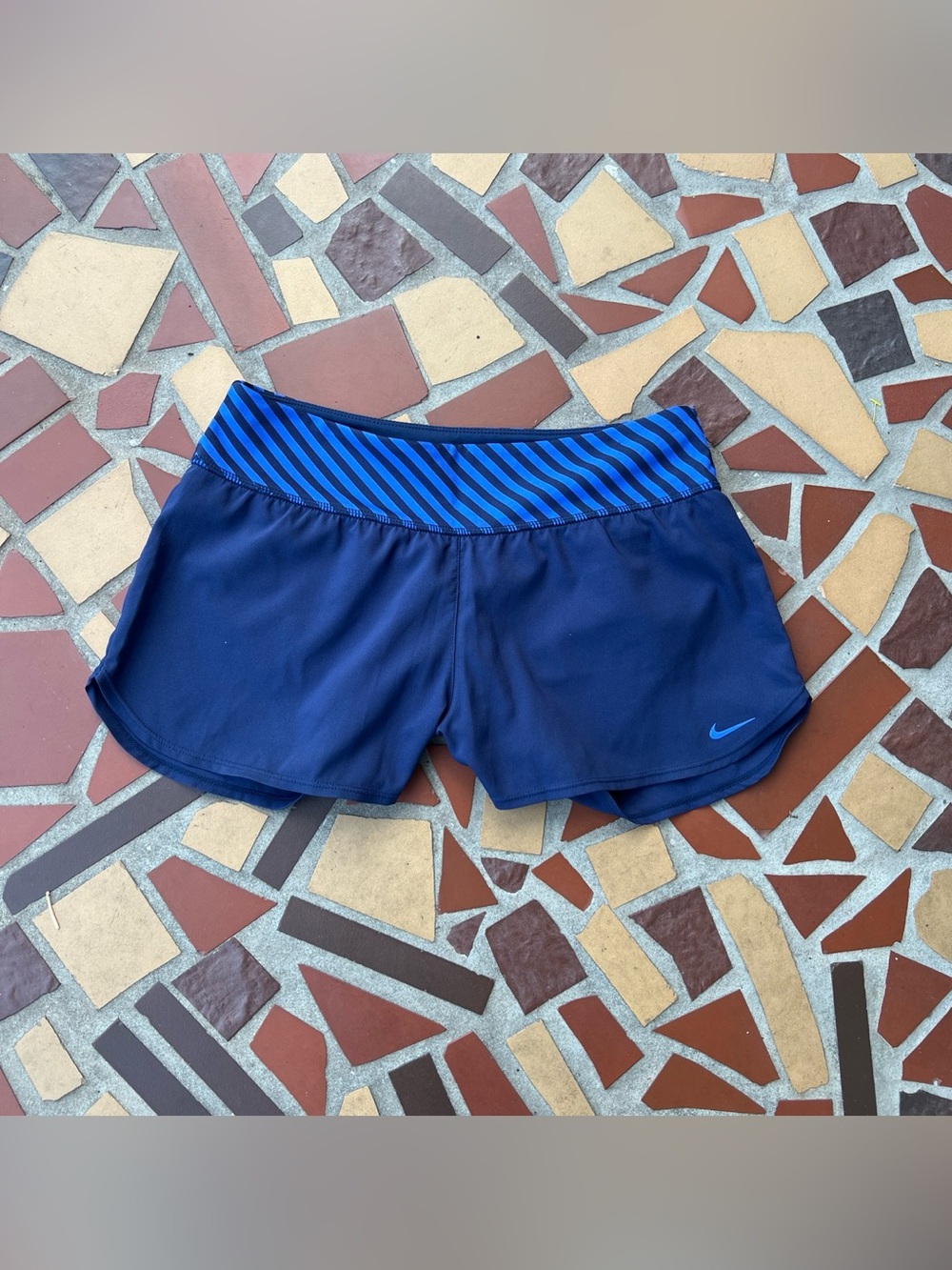 Nike Women's Navy Athletic Shorts with Blue Striped Waistband